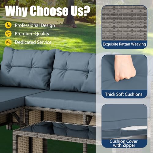 Vongrasig 3 Pieces Patio Furniture Sets, All-Weather Wicker Outdoor Sofa Couch Sectional Set, Small Conversation Set for Patio, Garden w/Cushion, Glass Table, (Blue)