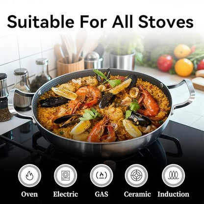 14 Inch Stainless Steel Paella Pan, Nonstick Ceramic Coating & Induction Compatible Large Skillet, Jumbo Cooker for Spanish Rice, Seafood Paella, Authentic Paella, Socarrat, Oven Safe, 5-8 Servings