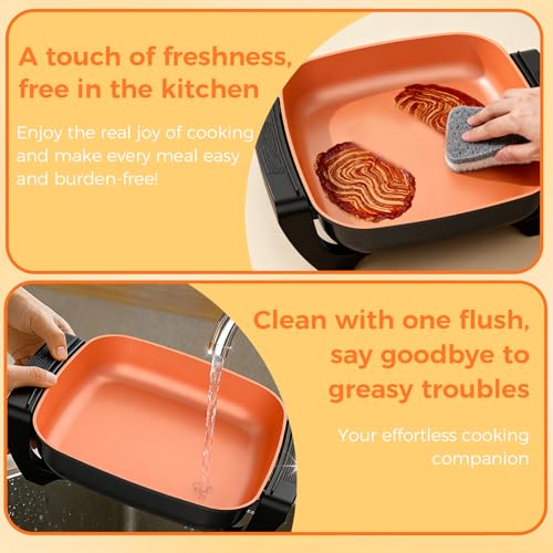 OSTBA 12"x12" Electric Skillet with Glass Lid, 5.2QT Large Nonstick Frying Pan for Family Meals, 1500W Fast Heating, 5-Level Adjustable Temperature Control, PFOA Free, Easy to Clean