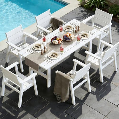 Polyhouz Outdoor Dining Set for 6, 7-Piece Patio Table and Chairs Set, HDPE Outdoor Dining Table and Chairs with Umbrella Hole, All-Weather Dining Furniture Set,White