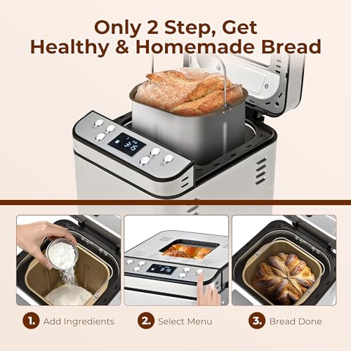Rosewill 25-in-1 Automatic Bread Maker Machine with 3 Loaf Size up to 2 Lb, 700W High Power Dual Heater Bread Maker with BPA-free Nonstick Coating Pan, Max 15 Hours Delay Timer, Low Noise - Silver