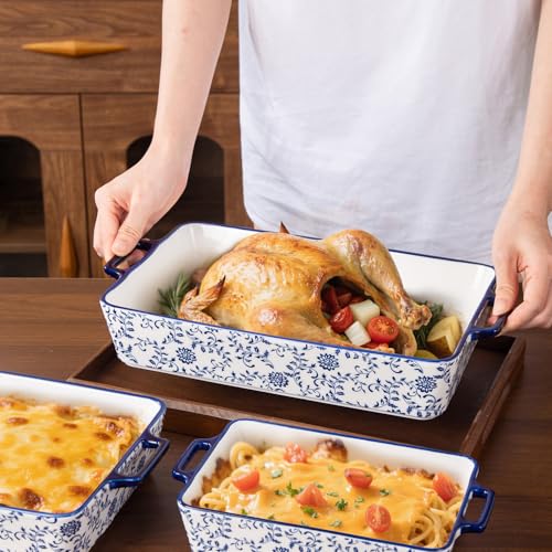 Cerkik Ceramic Bakeware Set - Casserole Dish Baking Dishes for Oven - Rectangular Lasagna Pans with Handles for Kitchen Cooking - Microwave & Dishwasher Safe - Set of 3 (15.1''/13.6''/9.9'') - Blue
