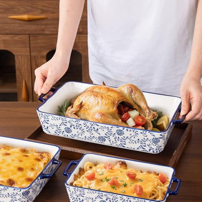 Cerkik Ceramic Bakeware Set - Casserole Dish Baking Dishes for Oven - Rectangular Lasagna Pans with Handles for Kitchen Cooking - Microwave & Dishwasher Safe - Set of 3 (15.1''/13.6''/9.9'') - Blue