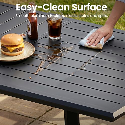 PATIOHIT 9-Piece Aluminum Outdoor Dining Set, 82" Large Rectangular Patio Table & 8 Stackable Armchairs Rust Proof Outdoor Furniture with Umbrella Hole for Lawn Garden Deck, Black