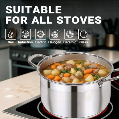 Kirecoo Stainless Steel Stock Pot - 8 Quart Heavy Duty Induction Cooking Pot with Visible Lid for Pasta, Soup, Spaghetti, Nonstick Thick Bottom Big Stockpot, Deep Cookware for Canning, Boiling, Simmer
