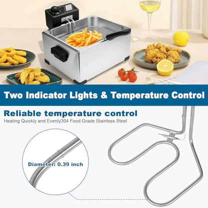 5 Liters Large Deep Fryer with Basket for Home Use, Electric Fryer with 3 Frying Baskets, Adjustable Temperature Control, Countertop Stainless Steel Deep Fryer with Basket for Home Use