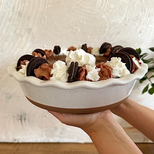 MORA Ceramic Pie Pan for Baking - 9 inch - Deep and Fluted Pie Dish for Old Fashion Apple Pie, Quiche, Pot Pies, Tart, etc - Modern Farmhouse Style Porcelain Ceramic Pie Plate - Vanilla White