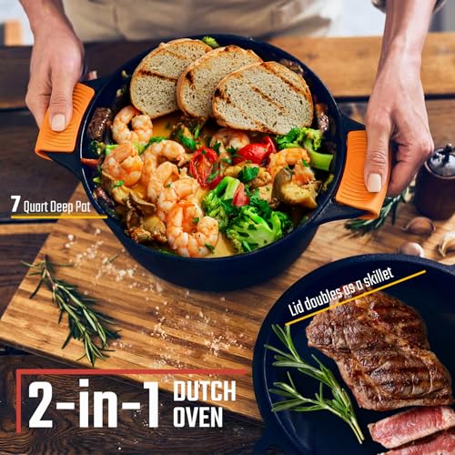 Overmont 2-in-1 Cast Iron Dutch Oven - 7QT Pre-Seasoned All-in-One Casserole Braising Pan with Skillet Lid Cookbook & Silicone Handle Covers - Heavy Duty Oven-Safe Pot for Sourdough Baking Frying Camping