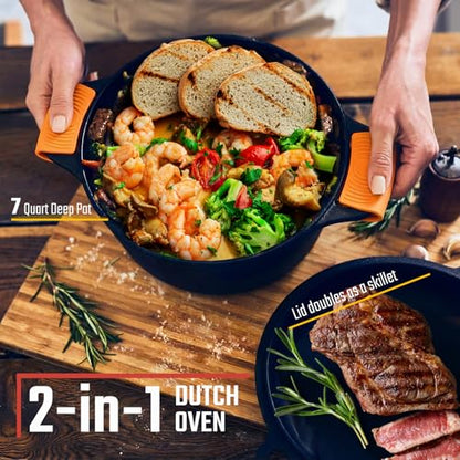 Overmont 2-in-1 Cast Iron Dutch Oven - 7QT Pre-Seasoned All-in-One Casserole Braising Pan with Skillet Lid Cookbook & Silicone Handle Covers - Heavy Duty Oven-Safe Pot for Sourdough Baking Frying Camping