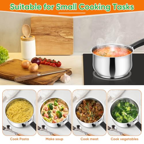 P&P CHEF 3 Quart Sauce Pan with Lid, Stainless Steel Saucepan, Small Milk Pot for Multipurpose Cooking, Visible Glass Lid & Stay-cool Silicone Handle & Tri-Ply Base, For All Stoves & Dishwasher Use