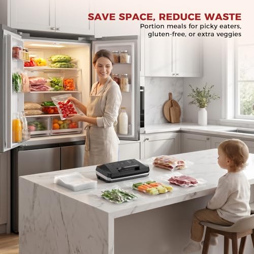 Vacuum Sealer Machine, Upgraded 230W 95KPa 10-in-1 Food Sealer with Double Heat Seal for Dry Moist Food, Easy-Lock Handle, Hose, Built-in Cutter and Bag Storage + Bags (1 Roll + 10 Pre-cut)
