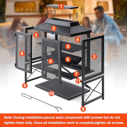 VELUVIA Metal Outdoor Fireplace for Patio - 39" H Square Chiminea Fire Pits Outside Wood Burning with Grill, Mesh Spark Screen & Fire Poker, for Garden, Backyard, Party, Camping, Picnic, BBQ, Bonfire