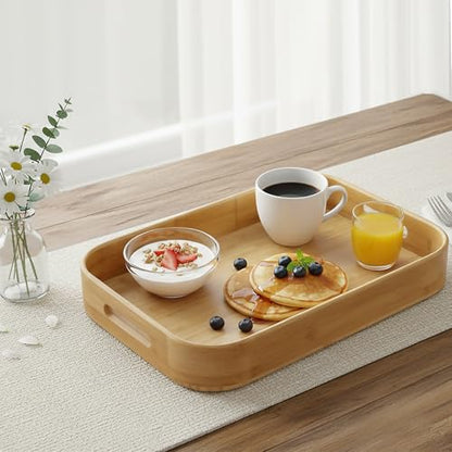 Dicunoy Set of 2 Bamboo Serving Tray, Solid Wood Breakfast Tray with Handles and Arc Angles, Large Size for Food, Dinner, Tea, Coffee, Bar, Parties, 15.6" L x 10.8" W /12.6" L x 8.5" W