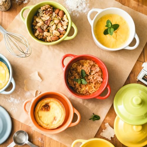 Odowalker 6 Pack Mini Cocotte with Lids, 8 OZ Ceramic Ramekins with Lid and Handles, Round Small Casserole Dishes, Small Baking Individual Serving Pot for Lasagna, Souffle, Soup, Oven Safe, 6 Colors