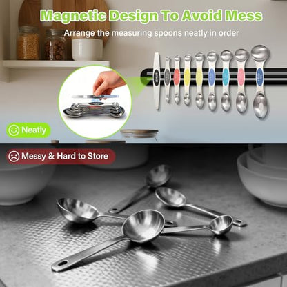 Stainless Steel Magnetic Measuring Spoons Set of 9 with Leveler,Dual Sided, Stackable, Adjustable Teaspoon and Tablespoon, Measuring Liquids and Dry Ingredients, Baking& Cooking Gadgest,Multicolor