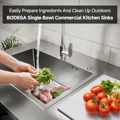BODEGA Stainless Steel Single bowl kitchen sink Cabinet With hose hookup and Faucet, Outdoor Kitchen Sink with Storage, Brake Wheels & Spice Rack, All-Weather Sink, Use For RV, Yard,Garage,Restaurant.