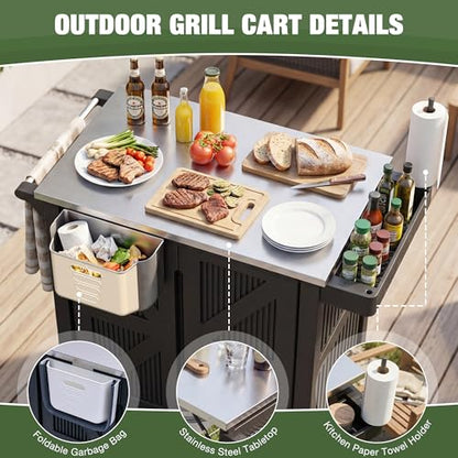 Outdoor Grill Cart with Stainless Steel Top, Outdoor Kitchen Island BBQ Prep Table, 2-Tier Storage Cabinet, Rolling Utility Station with Hanging Trash Bin, Wheels, Side Shelf for Patio, Yard, Picnic