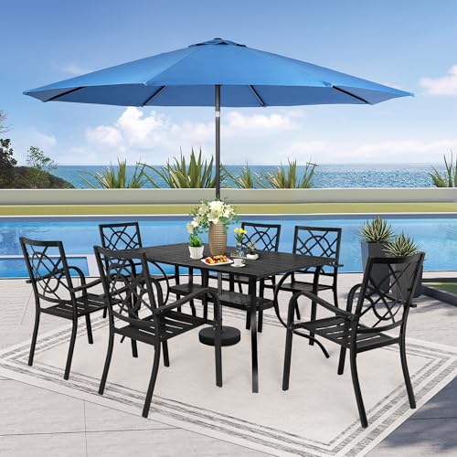 SUNCROWN 8-Piece Outdoor Wrought Iron Chairs and Table Patio Dining Furniture Set-6 Stackable Metal Chairs, 1 Steel Slat Bistro Table and 1 Dark Blue 9Ft Patio Umbrella for Garden Backyard Deck