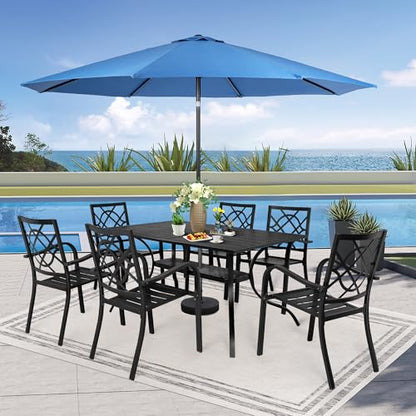 SUNCROWN 8-Piece Outdoor Wrought Iron Chairs and Table Patio Dining Furniture Set-6 Stackable Metal Chairs, 1 Steel Slat Bistro Table and 1 Dark Blue 9Ft Patio Umbrella for Garden Backyard Deck
