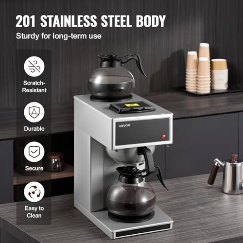 VEVOR Commercial Drip Coffee Maker, 12 Cups Coffee-Maker Machine with 2 Glass Carafes and 2 Decanter Warmer Plates, Stainless Steel Drip Style Coffee Brewer, for Restaurant, Office, Coffee Shop & Home