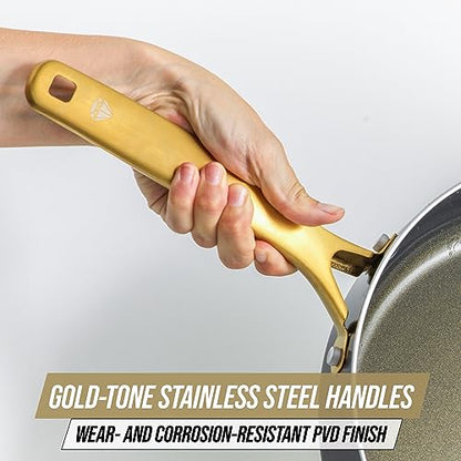 Blue Diamond Gold 10 Piece Cookware Pots and Pans Set, Induction Suitable, Diamond Infused PFAS-Free Ceramic Nonstick, Durable, Metal Utensil Safe, Dishwasher Safe, Gold Handle, Black