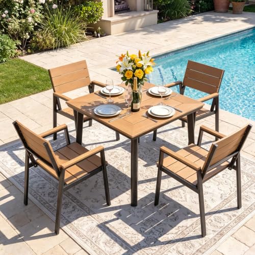 Greesum 5-Piece HDPE Outdoor Dining Set for 4, Faux Wood Table and Chairs