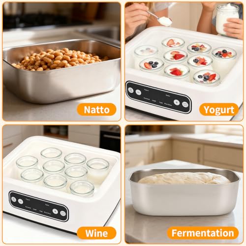 Homemade Greek yogurt comes with 9 jars, temperature control and intelligent timer, multi-purpose rice wine, fermentation, natto, etc (White)