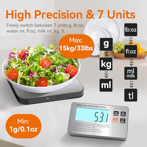 SHGMEET Food Scale- Wireless Separated, 33 lb Digital Kitchen Split Scales Weight Grams and Ounces for Baking Cooking and Meal Prep, LCD Display, 7 Units with Tare Function (Batteries Included)