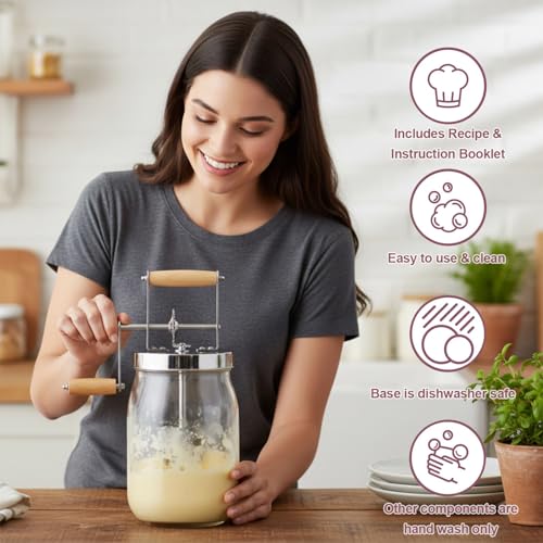 Retro Manual Butter Churn Kit - Wooden Hand-Crank Butter Maker with Glass Jar, Perfect for Fresh Cream, Keto Butter & Sustainable Homesteading (Farmhouse Must-Have) (51 OZ)