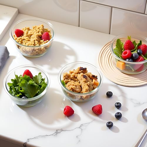 B.GUBOBOYA 12OZ Round Glass Food Storage Containers With Lids, 1.5 Cup Round Meal Prep Containers with Lid BPA-Free, Small Glass Food Bowl for Soup Leftover, Microwave, Dishwasher, Freezer Safe-4 Pack