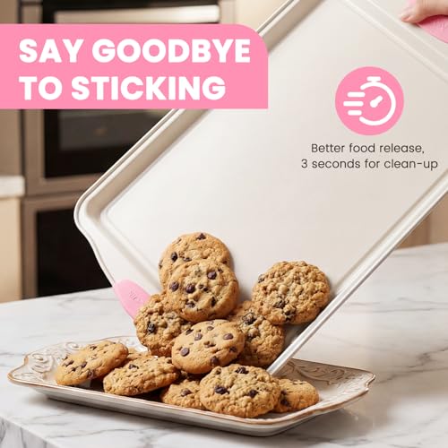 Kikcoin 22 PCS Nonstick Baking Pans Set, Stackable Bakeware Sets with Silicone Handles, 450°F Oven Safe Baking Sheet Set, Easy Release Cookie Sheets for Baking, Pink