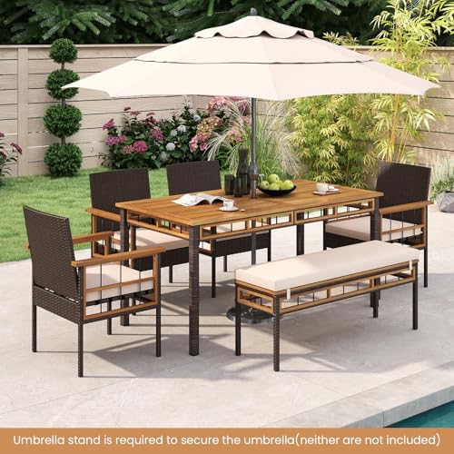 Tangkula 6 Pieces Patio Dining Table Set, Outdoor Rectangular Acacia Wood Table with 1.97” Umbrella Hole & Cushioned Backless Bench & 4 Armchairs, for Garden, Deck, Yard