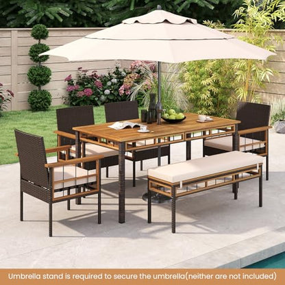 Tangkula 6 Pieces Patio Dining Table Set, Outdoor Rectangular Acacia Wood Table with 1.97” Umbrella Hole & Cushioned Backless Bench & 4 Armchairs, for Garden, Deck, Yard