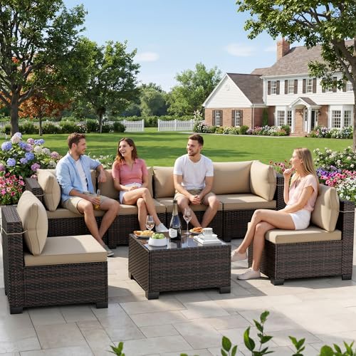 CHABATREE 7pcs Outdoor Patio Furniture Sets,Rattan Conversation Sectional Set,Manual Weaving Wicker Patio Sofa with Tea Table