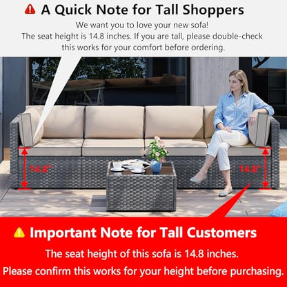 Shintenchi 5 Pieces Outdoor Patio Sectional Sofa Couch, Silver Gray PE Wicker Furniture Sets, Patio Conversation Sets with Washable Cushions Coffee Table for Garden, Poolside,Backyard,(Khaki)