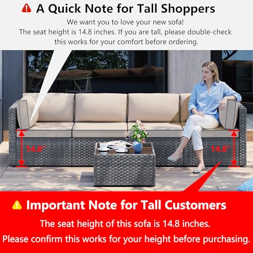 Shintenchi 5 Piece Outdoor Patio Furniture Set with Silver PE Rattan, Khaki