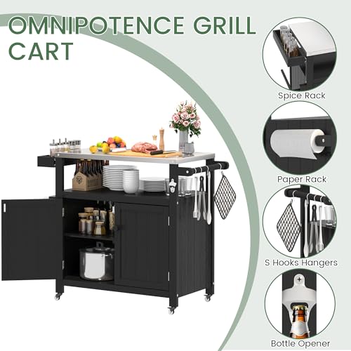 Sunnibety Weatherproof HIPS Outdoor Kitchen Island with Stainless Steel Top & Storage Cabinet, Movable Prep Table with Wheels for BBQ Food Prep, Outdoor Grill Cart for Parties, Black