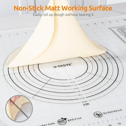 U-Taste 28"x20" Large Pastry Mat: Food-Grade Liquid Silicone Dough Rolling Baking Sheet, Non-Stick Non-Slip for Kneading, Making Pizza, Fondant with Clear Measurement and Raised Edges (Transparent)