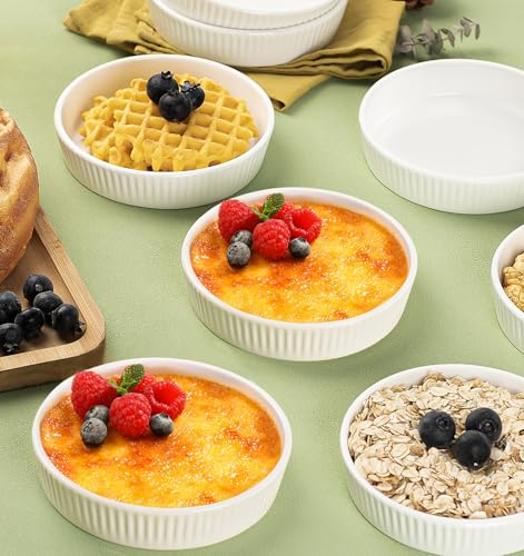 KOBIKOBI Ramekins 8 oz Oven Safe Set of 6 - Ceramic Creme Brulee Dishes, Souffle Cups, Individual Quiche Baking Dish, Food-Safe White Pudding Bowls for Kitchen, Stackable and Dishwasher Safe