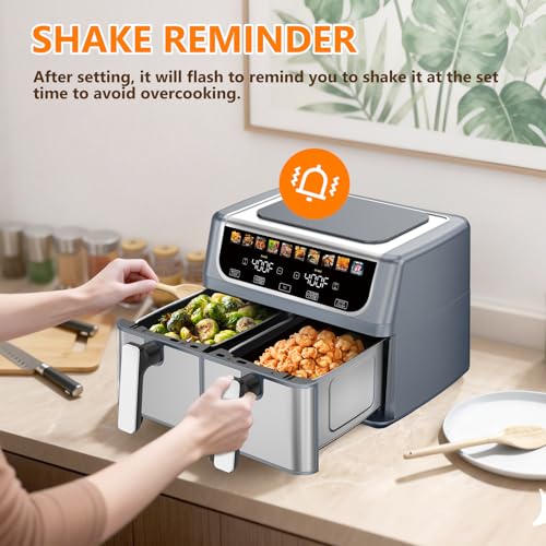 DUMOS 10-in-1 Air Fryer 9.5 QT, Large Airfryer with with 2 Independent Frying Baskets, Sync Finish & Match Cook, Shake Reminder, Wide Temperature 80-450°F, Roast Bake Defrost Dehydrate, Grey