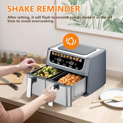 DUMOS 10-in-1 Air Fryer 9.5 QT, Large Airfryer with with 2 Independent Frying Baskets, Sync Finish & Match Cook, Shake Reminder, Wide Temperature 80-450°F, Roast Bake Defrost Dehydrate, Grey