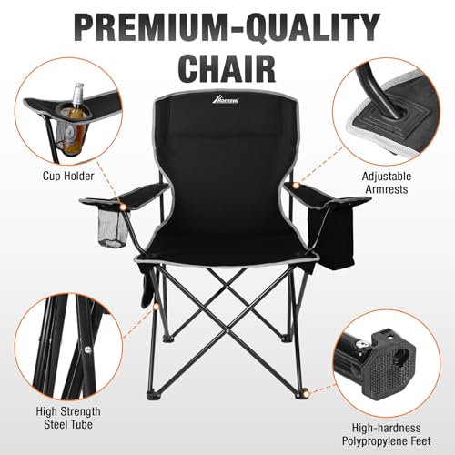 Romswi Lightweight 2Pcs Camping Chairs for Adults, Folding Lawn Chair with 4-Can Cooler Bag, Cup Holder,Collapsible Portable Outdoor Chair for Tailgating, Beach, Fishing,Black