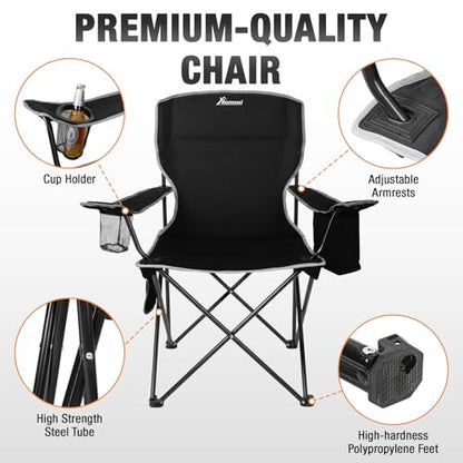 Romswi Lightweight 2Pcs Camping Chairs for Adults, Folding Lawn Chair with 4-Can Cooler Bag, Cup Holder,Collapsible Portable Outdoor Chair for Tailgating, Beach, Fishing,Black