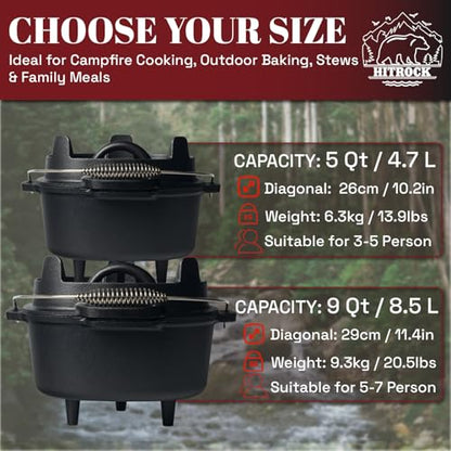 HITROCK Cast Iron Camp Dutch Oven with Legs 9QT, Pre-Seasoned Camping Dutch Oven with Lid, Outdoor Pot with Lid Lifter, Storage Bag & Handle for Camping, Baking, Grilling, Rounded-square Shape