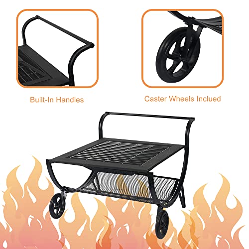 Sundale Outdoor Fire Pits Outdoor Wood Burning with Wheels, 27 Inch Steel Square Firepit BBQ Grill, Grate, Spark Screen, Fire Poker, Portable Fire Pit for Outside Patio Backyard