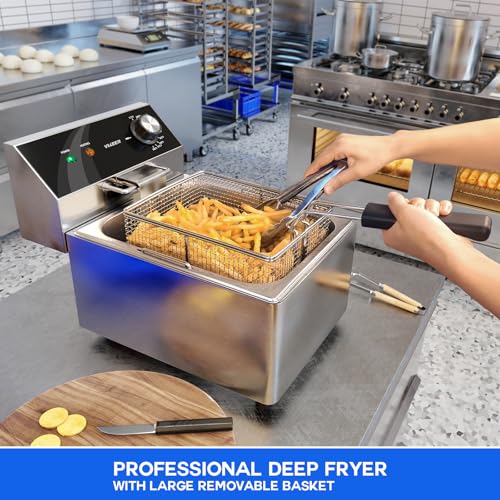 VIKEER Electric Deep Fryer Countertop Deep Fryer with Basket and Lid Capacity 10L(10.5QT) Stainless Steel Single Tank Fryer for Home Use Easy to Clean Oil Fryers 1800 Watts, 120V