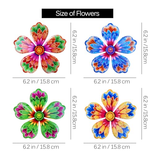 Giyyomtr Metal Flowers Wall Decor - 4pcs 6.2'' Metal Wall Art Hanging Decorations for Outdoor Fence Garden Yard Patio Exterior Wall Decor