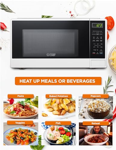 Commercial Chef 1.1 Cu. Ft. Countertop Microwave Oven, Touch Controls with Digital LED Display, 1100W Microwave, Push Button Door, 10 Power Levels, CHCM11100W, White