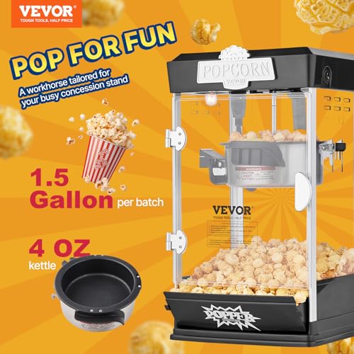 VEVOR Popcorn Maker, 480W Popcorn Popper Machine, 4 Oz Kettle Makes 1.5 Gallon per Batch, Tabletop Popcorn Maker, Includes 3 Scoops, Movie Theater Style, Black