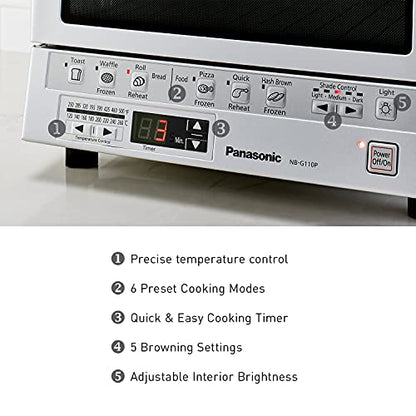 Panasonic FlashXpress Toaster Oven Countertop, 4-Slice Small Toaster Oven Compact Size with Double Infrared Heating, 6 Auto Cook Options and Precise Temperature Control, 1300W - NB-G110P (Silver)